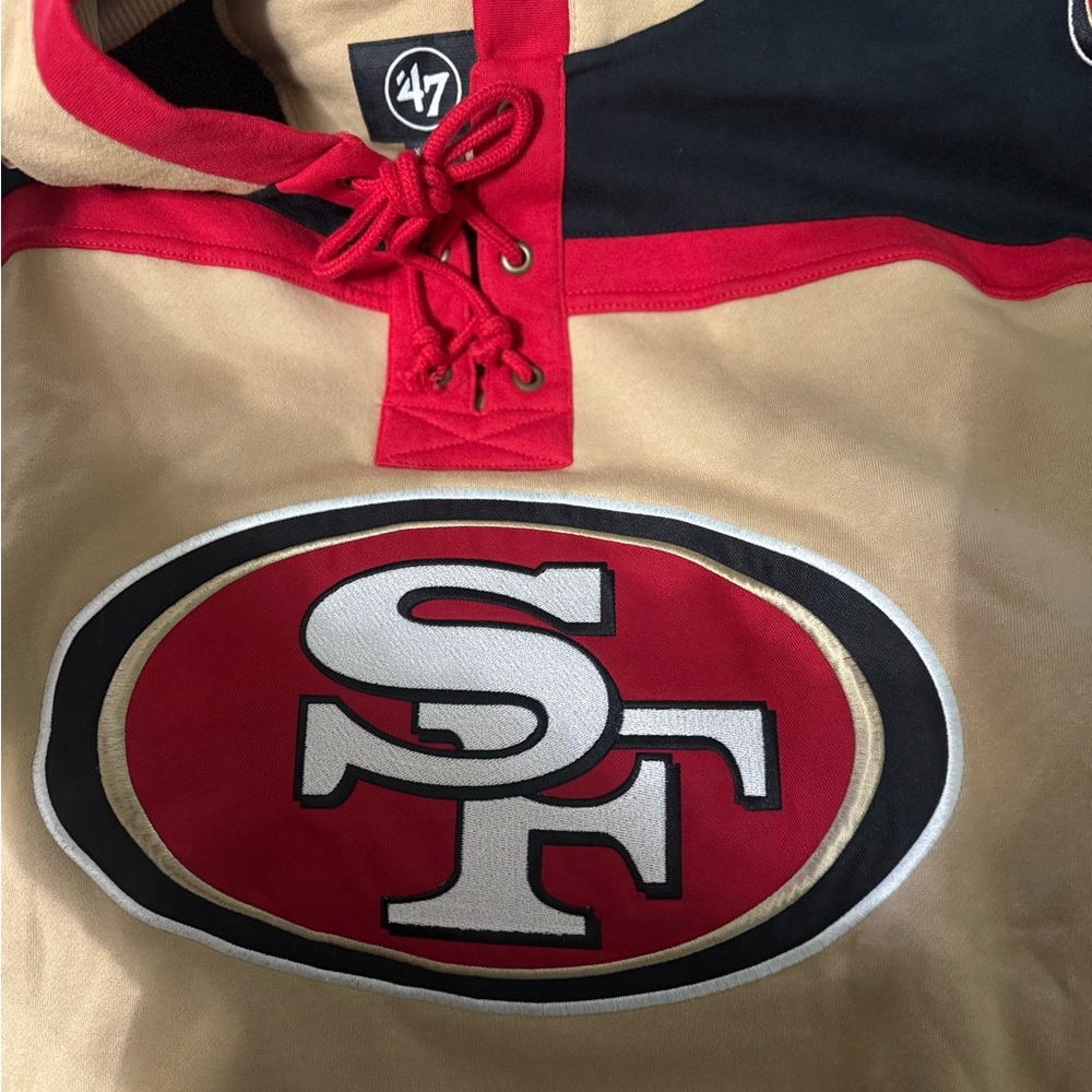 San Francisco 49ers lace-up pullover hoodie "lacer" or "hockey-style" 47 red tan - Picture 4 of 4